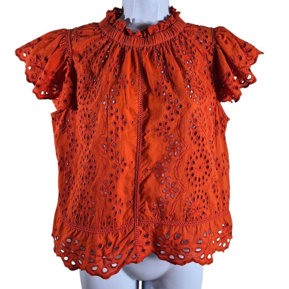 Jennifer Grace S Eyelet Orange Ruffle Button Bk Boho Festival Sheer Cottage Top - Picture 2 of 9